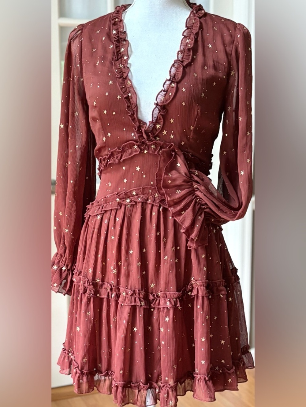 Entro Rust Star Print Ruffle Open Back Mini Dress Boho Tiered S
